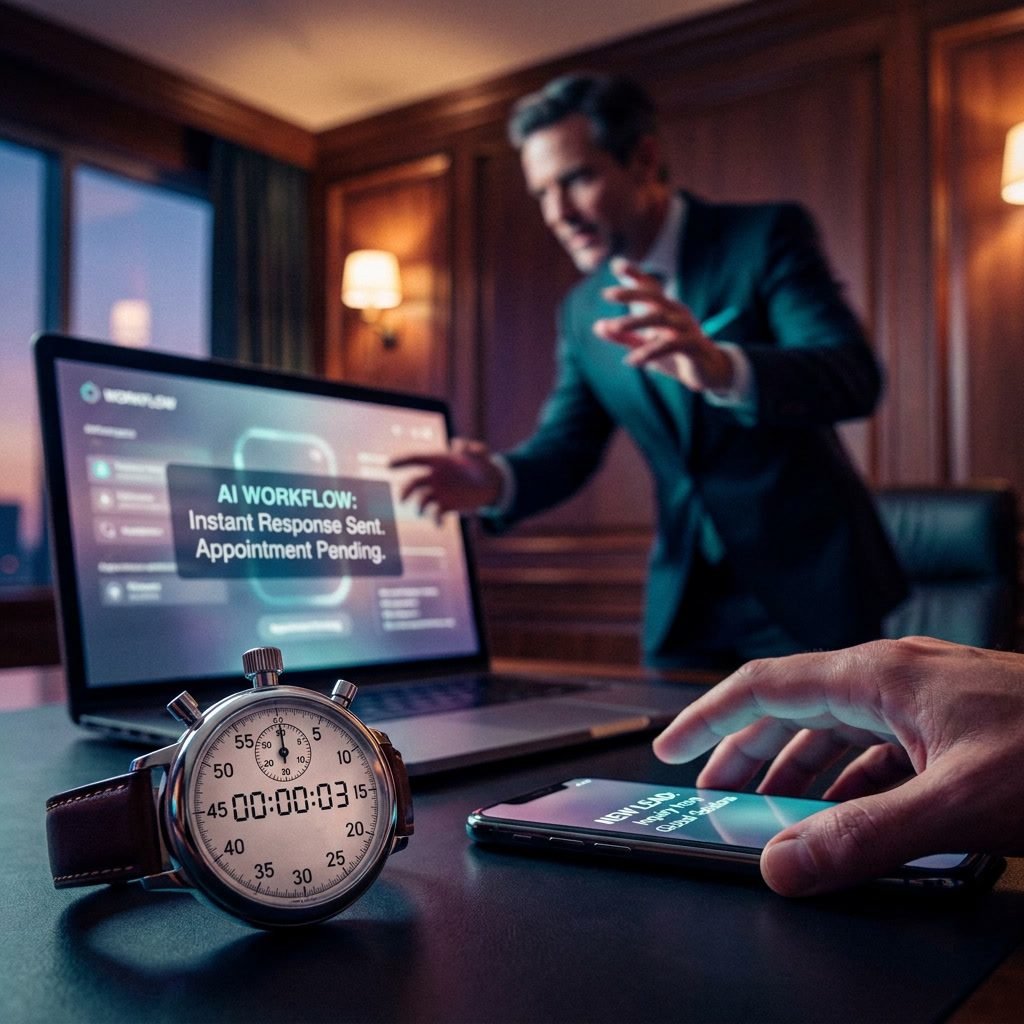 Speed to lead — stopwatch showing 3-second AI response with workflow dashboard