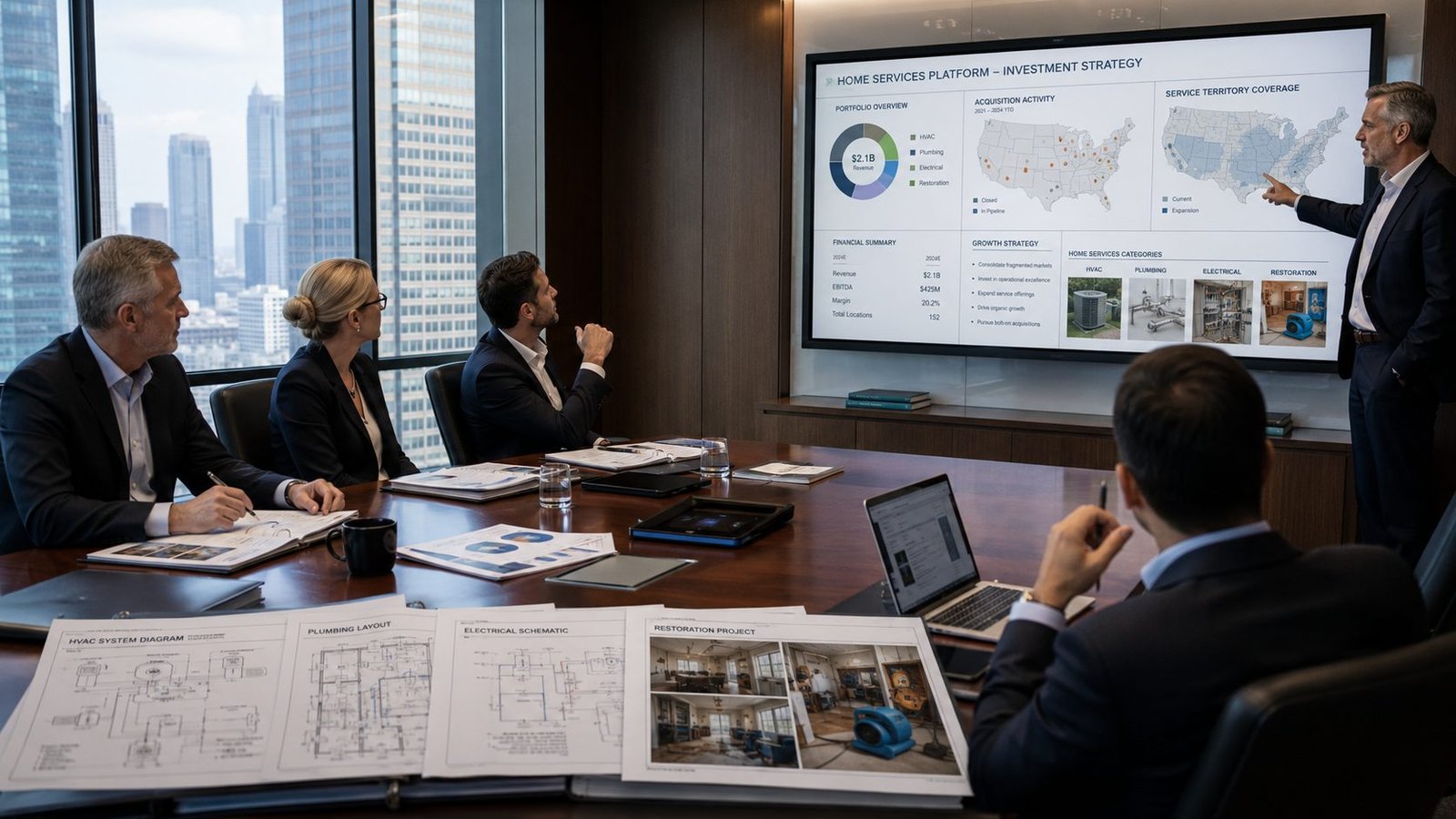 Private equity operating team reviewing a home services platform investment strategy — portfolio overview, acquisition map, and service territory coverage